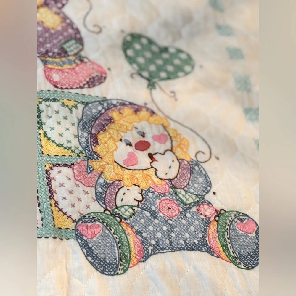 Vintage Clown Cross Stitched Baby Quilt. Blanket| Sweet Dreams |Pastel 39.5x28.5